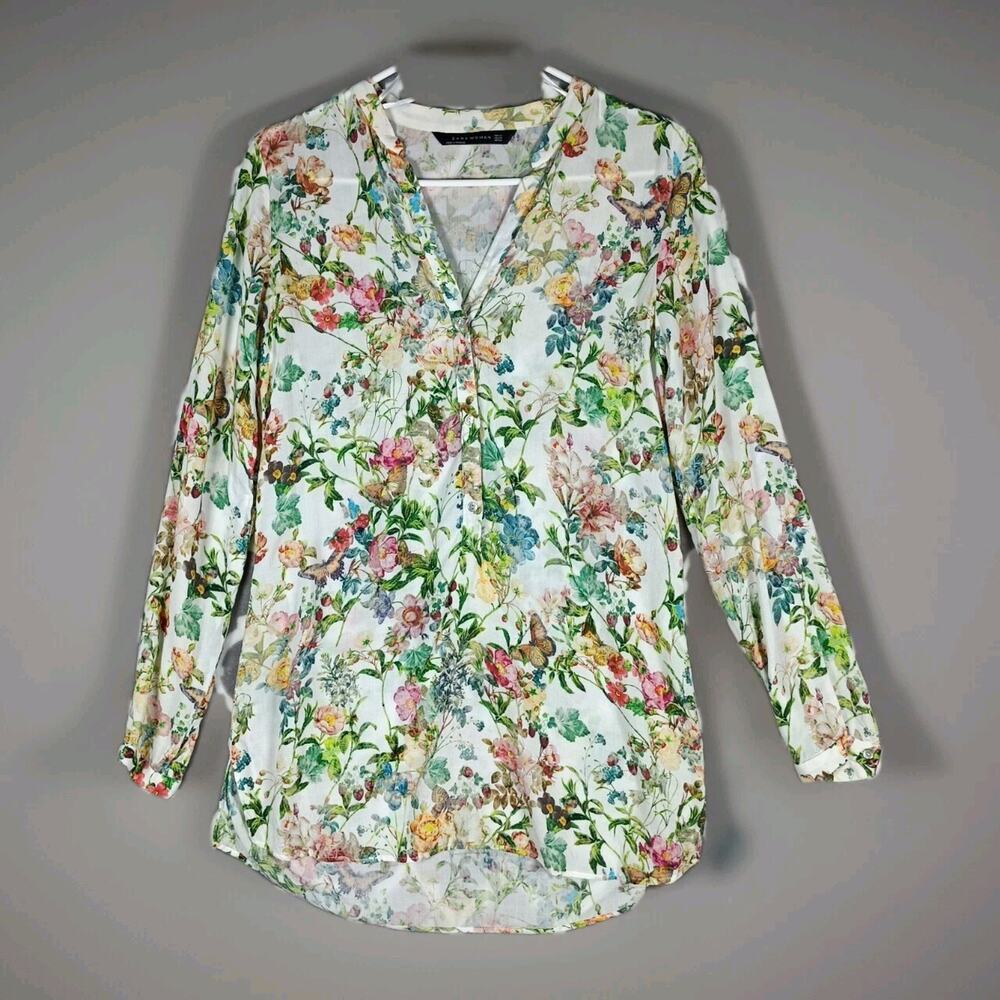 Zara Floral Blouse XS Sheer Long Sleeve Button Top Spring Garden Lightweight